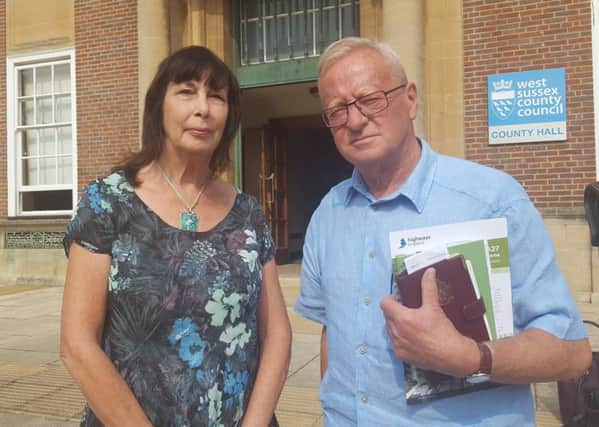 Crawley councillors Sue Mullins and Mike Pickett outside County Hall after lobbying for a parking audit for the town SUS-160915-154552001