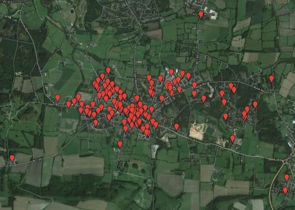 The parish council has been plotting residents' and businesses' reports of poor signal on an online map. Picture: Google Maps/Google MyMaps