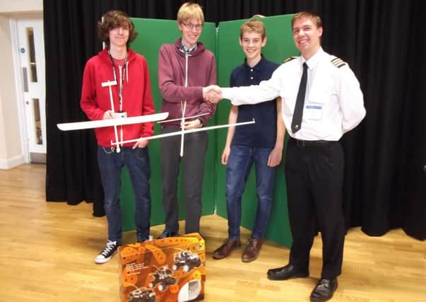 Winners Luke Foreman, Thomas Claridge and Giles Rennie, with guest judge, Alex McMillan (former Collyers student and now Senior First Officer with Thomas Cook).