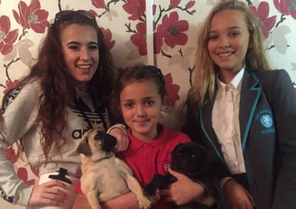 Bethany Kearney, Jasmine Eden and Amber Eden with the two pugs SUS-160920-123011001