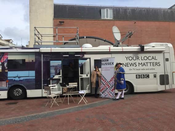 BBC Sussex afternoon presenter, Allison Ferns with Worthing town crier, Bob Smytherman