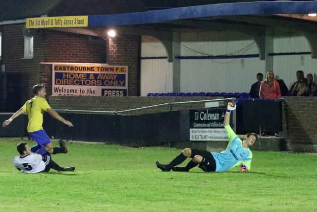 Bexhill United concede during their 3-1 defeat to Eastbourne Town. Picture courtesy Joe Knight