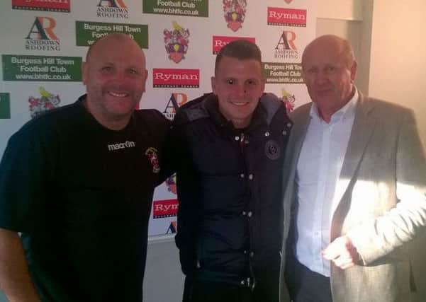 Burgess Hill Town boss Ian Chapman with Dean Cox and chairman Kevin Newell