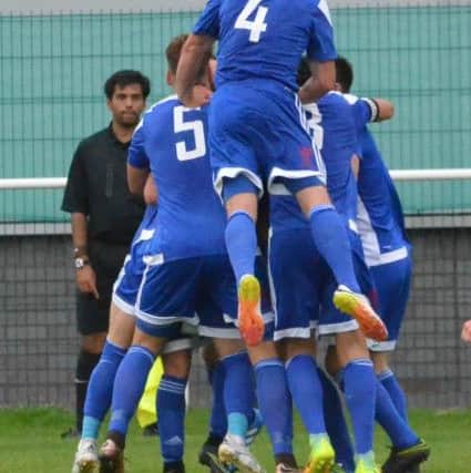 Haywards Heath players celebrate the goal. Westfield v Haywards Heath Town. Picture by Grahame Lehkyj