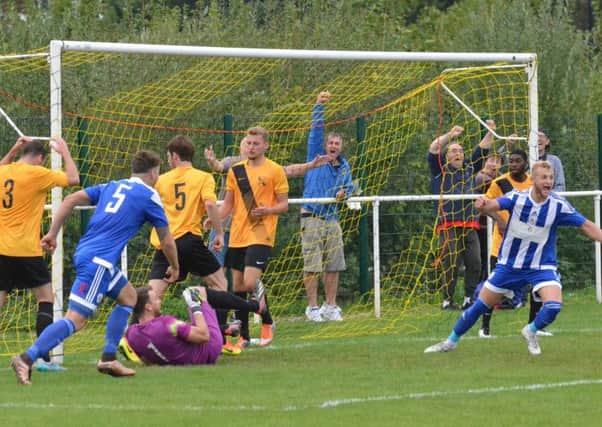 The ball ends up in the back of the net. Westfield v Haywards Heath Town. Picture by Grahame Lehkyj