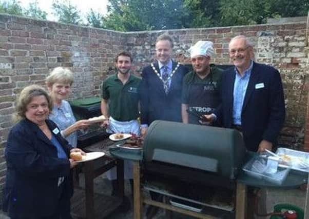Cllr Christine Costin, Chairman of Horsham in Bloom Sue Brundish, Chairman of Horsham District Council Cllr Christian Mitchell and Cabinet Member for Leisure and Culture Cllr Jonathan Chowan with Horsham District Council wardens who were chefs for the evening.