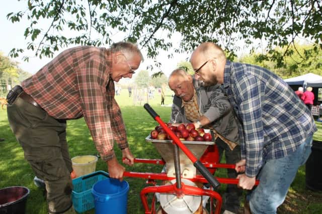 David Buckett, Mick King and Nigel Bowman pressing apples DM151179539a