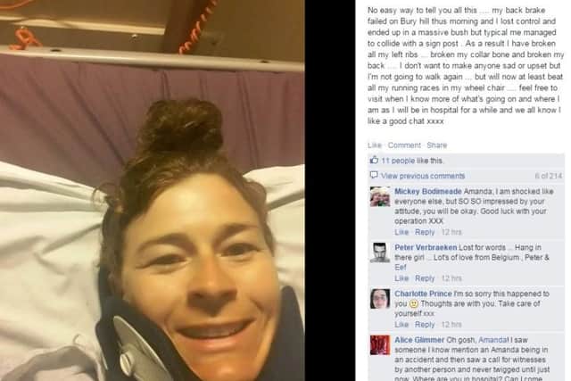 Amanda's Facebook post from hospital telling friends and family not to be sad about her accident, which made national news