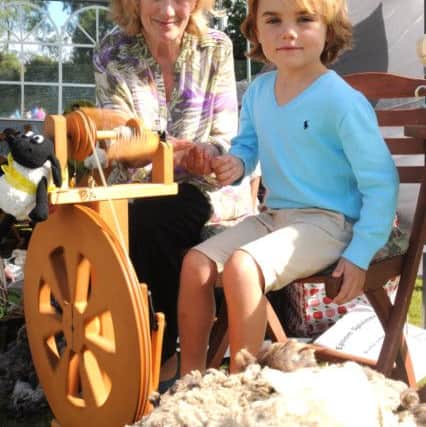 Rudgewick 9th Apple Day, Rudgewick Cider Society, Rudgewick Sports and Social Club, King George V Fields. Finn Lawson-Wilson aged 6 with Roz Langendoen from Epsom Spinners. SUS-160925-205640008