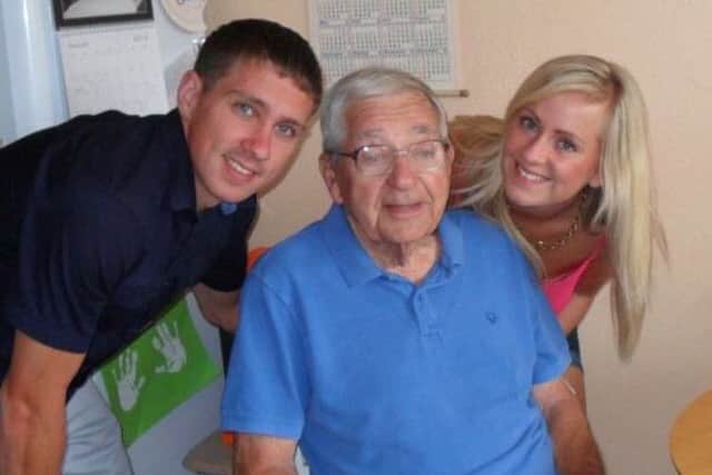 James and Becky Colbridge with Grandad Kenneth, who died two years ago from the disease