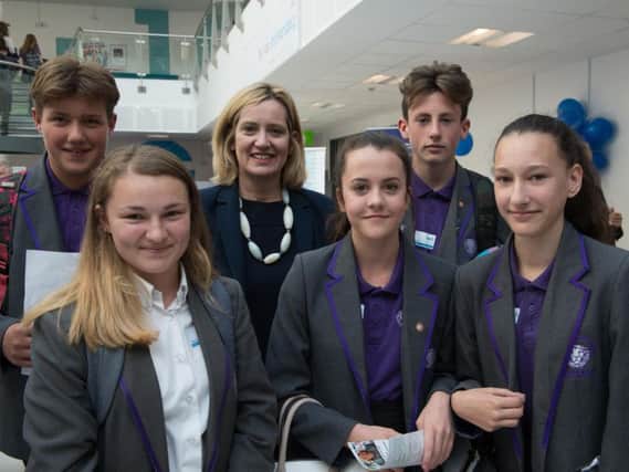Amber Rudd MP with students from The St Leonards Academy at the Jobs and Apprenticeships Fair