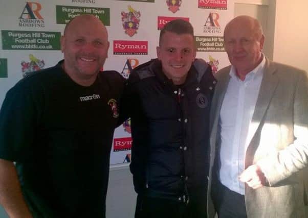 Burgess Hill Town boss Ian Chapman with Dean Cox and chairman Kevin Newell SUS-160923-130552001