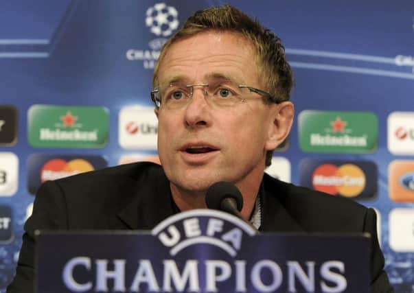 FC Schalke 04's head coach Ralf Rangnick talks to the media at a press conference prior to the Champions League semifinal soccer match against Manchester United in Gelsenkirchen, Germany, Monday, April 25, 2011. (AP Photo/Martin Meissner) ENGSNL02920110425140116
