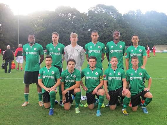 Burgess Hill Town players before the FA Cup clash with Cadbury Heath. Picture by David Marriott