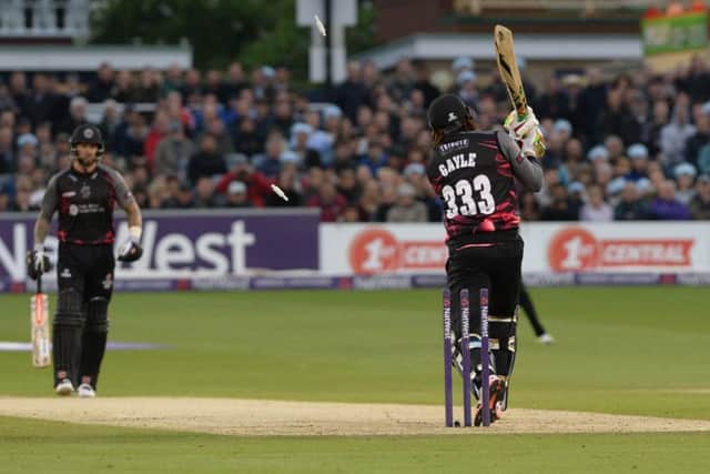 Gayle is bowled by Tymal Mills. Sussex v Somerset. T20 Blast. Picture by Phil Westlake SUS-160206-084354001