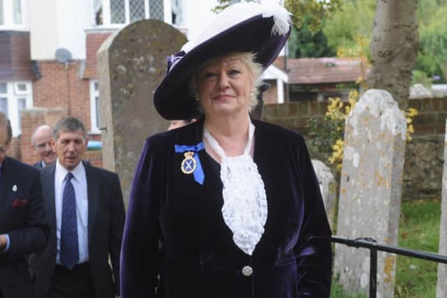 The High Sheriff of West Sussex, Mrs Denise Patterson arrives for the special VJ service. LA1500175-4 SUS-150816-215208008