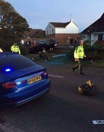 Contributed picture showing the overturned BMW outside the Aldwick RBL