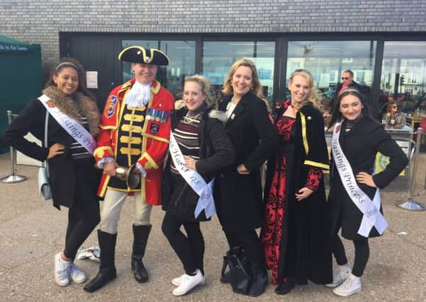 Amber Rudd MP is pictured with the Town Crier, Mrs Town Crier, Miss Hastings and the two Hastings Princesses SUS-161018-093621001