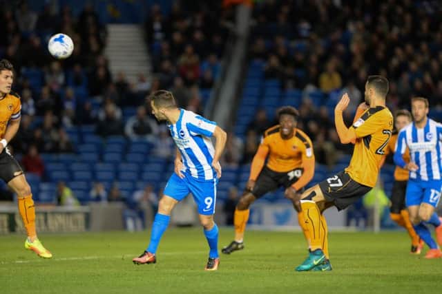 Sam Baldock heads Albion into the lead. Picture by Phil Westlake (PW Sporting Photography)