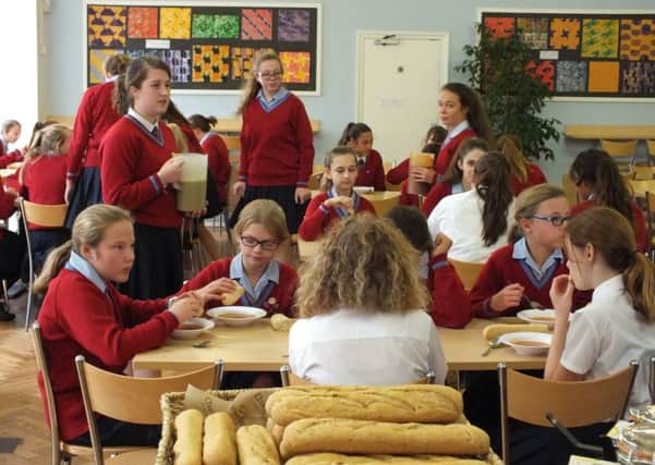 Pupils tuck into soup and bread for lunch on Harvest Fast Day instead of their much-loved fish and chips