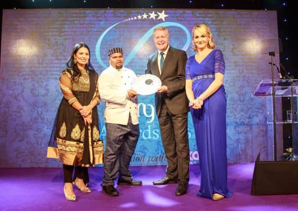 The Rt Hon Priti Patel MP with winning chef Taus Ahmed from Magna restaurant, Molson Coors Brewing UK sales director Tony Gibbons and broadcaster Louise Minchin