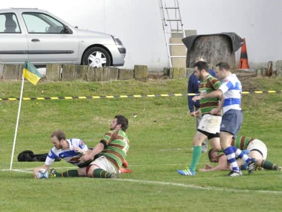 Tom Waring touches down for one of his three tries against Brockleians. Picture courtesy Nigel Baker