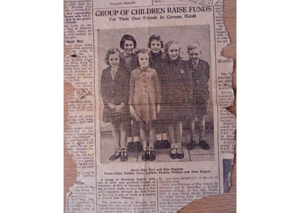 (Back left to right) Rita Tarr, eight, Rita Huggins, 12, (front left to right)  Edna Knight, Janet Lelliott, eight, Pamela Withers, now Robinson, eight and John Knight, seven. Pictured in the Worthing Herald in 1943.  Now 81, Pam is trying to get back in touch with the others in the picture.