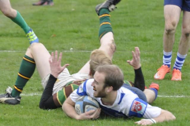 Tom Waring goes over for one of his three tries against Brockleians. Picture courtesy Nigel Baker