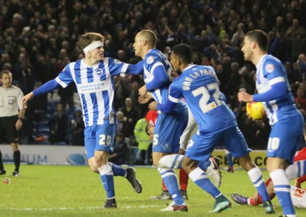 Solly March celebrates after netting for Albion last season. Picture: Angela Brinkhurst