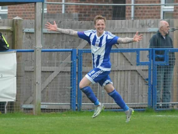 Callum Saunders celebrates his penalty. Picture by Grahame Lehkyj