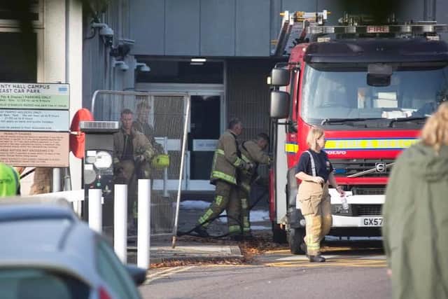 Fire crews at County Hall this morning. Photo by Eddie Mitchell.