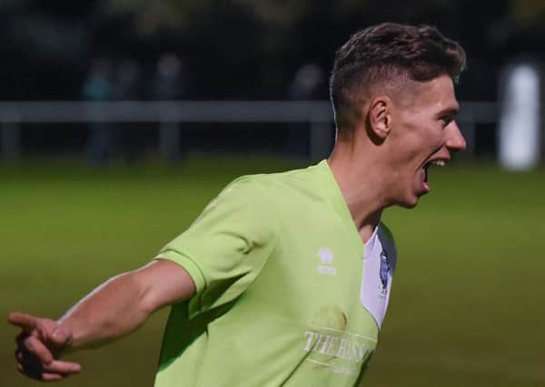 Liam Benson after scoring his first senior goal. Midhurst and Easebourne v Hassocks. Picture by PW Sporting Photography