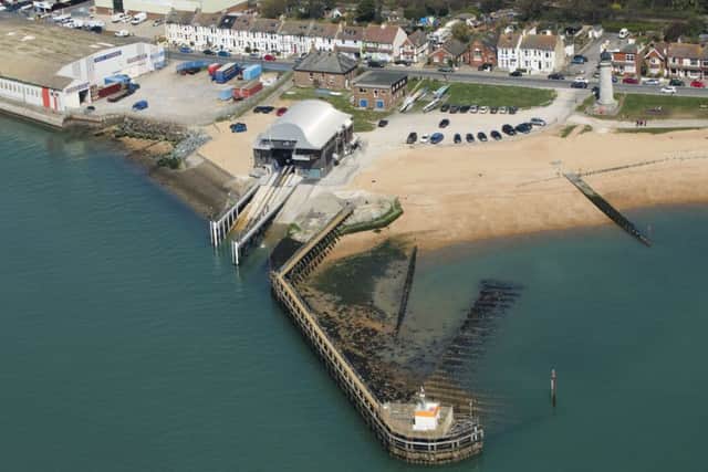 An aerial view of the current lifeboat station  on Kingston Beach