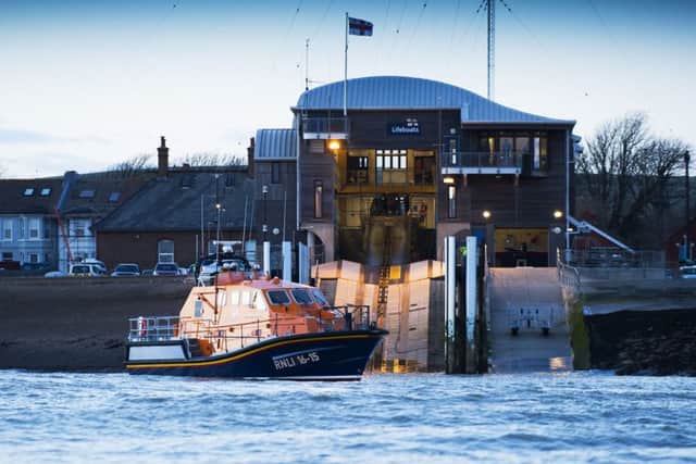 The state-of-the-art Tamar lifeboat and boathouse at dusk