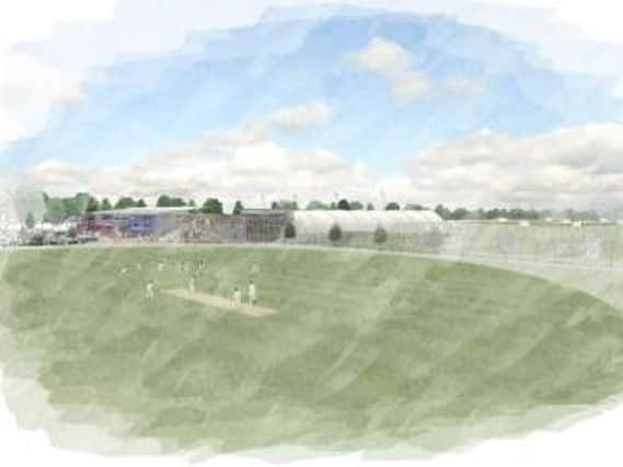 A water colour of what the sports village might look like, showing the main cricket ground with the football stadium and sports hall in the background.