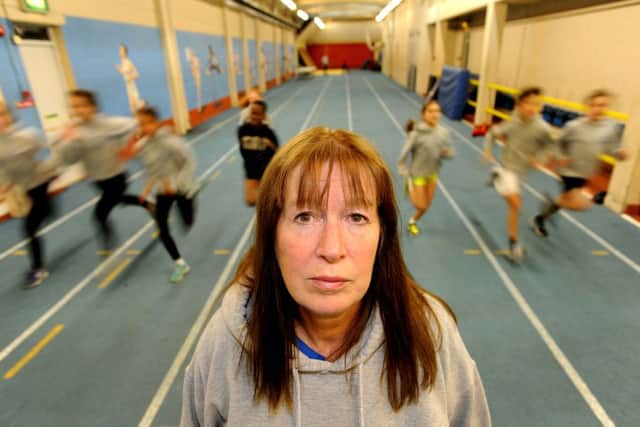 Angry athletes, coaches and parents at Broadbridge Heath Leisure Centre at the indoor tube. Kim  Milnthorpe (Lead Coach U13's Youth Development - Horsham Blue Star Harriers). Pic Steve Robards SR1524136 SUS-151013-120054001