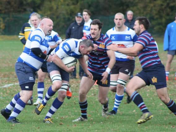 Hastings & Bexhill captain Jimmy Adams carries the ball into the contact area against King's College Hospital. Picture courtesy Karen Walker