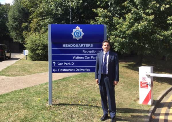 Bexhill and Battle MP Huw Merriman outside Sussex Police headquarters in Lewes SUS-160911-153651001