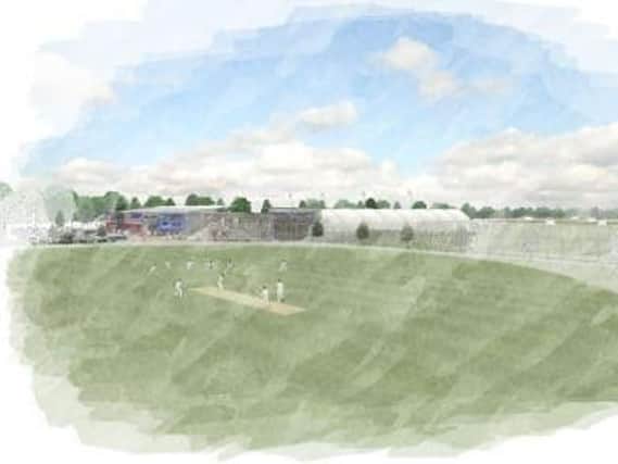 A water colour of what the sports village might look like, showing the main cricket ground with the football stadium and sports hall in the background.