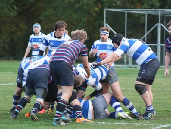 Hastings & Bexhill scrap for possession during their 22-10 victory away to King's College Hospital last weekend. Picture courtesy Karen Walker