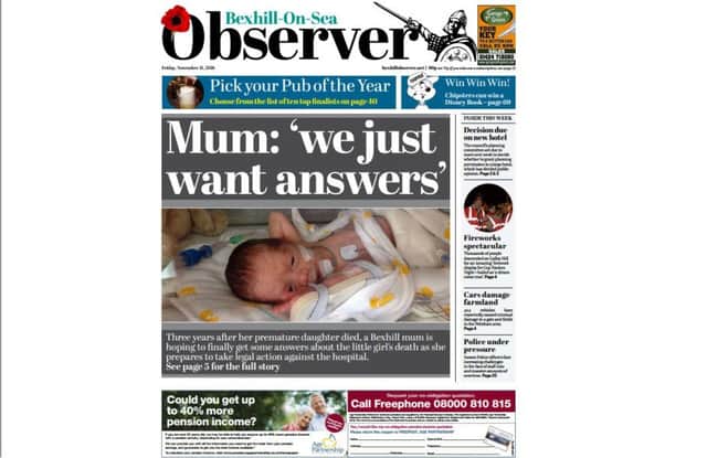 The Bexhill Observer front page today (Friday, November 11) SUS-161111-093102001