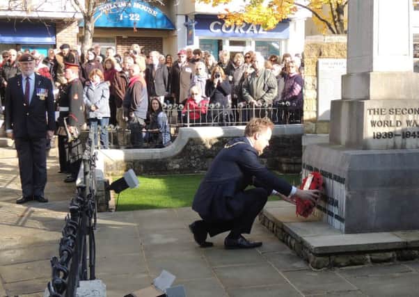 Horsham District Council chairman Christian Mitchell lays a wreath at the Armistice Day commemorations.