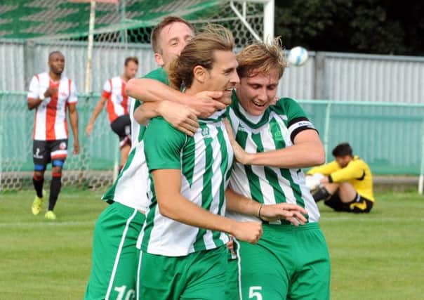 Chi City celebrate a Vase goal in an earlier round / Picture by Kate Shemilt