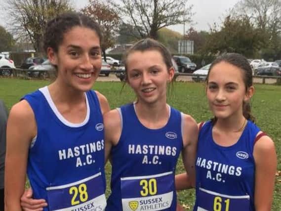 Hastings Athletic Club's talented under-15 girls Maya Ramnarine, Evie Clements and Hannah Blomfield. Picture courtesy Terry Skelton