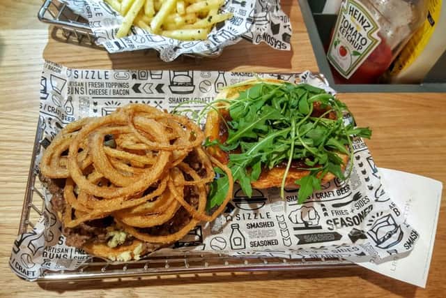 The UK special burger, with stilton, bacon and fried onions