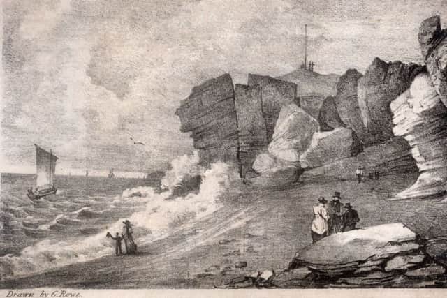 A Rowe lithograph published by Wooll in the first decade of the 19th century showing the White Rock headland with the flagstaff of the Coastguard Station on it summit.