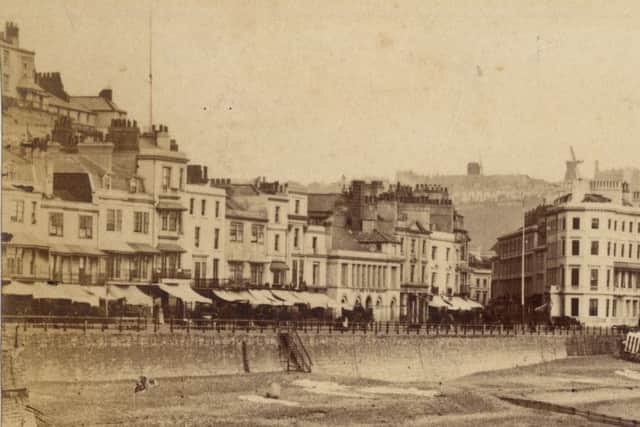 The brewery etc from the pier in the mid 1870s before the promenade was extended to take the White Rock Baths in 1876. Notice the windmills on the top of West Hill, the sunshade blinds on the shops and washing bleaching in the sun on the beach.
