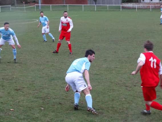 Midfield action from Bexhill United's 4-1 win away to Seaford Town. Picture courtesy Mark Killy