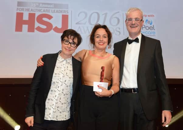 Marianne Griffiths with awards host Sue Perkins and Daniel Mortimer, chief executive of NHS Employers. Photo: Tom Howard photography.