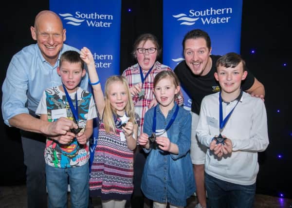 26/11/2016 - Ciaran McCrickard Photography - Southern Water Learn to Swim Achievers of the Year Awards, Pyramids Leisure Centre, Portsmouth - (back l to r), Duncan Goodhew MBE, and Invictus Games Champion Mike Goody with all the award winners from Sussex, Christopher Waller, Erin Pearce, Milly Vaughan, Amelie Reading, and Aiden Souter